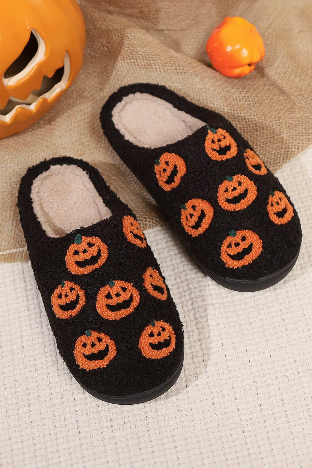 Black Halloween Pumpkin Plush Home Slippers With Non Slip