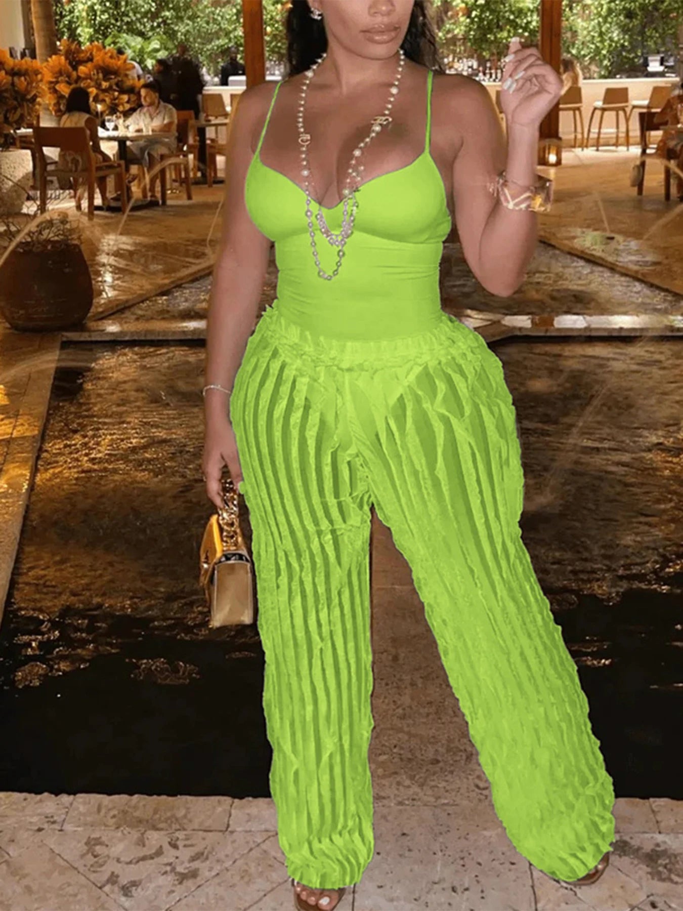 Women's Solid Backless Cami Bodysuit & Elastic Waist Frilled Pants Set, Fashion Casual V Neck Spaghetti Strap Bodysuit & Straigh