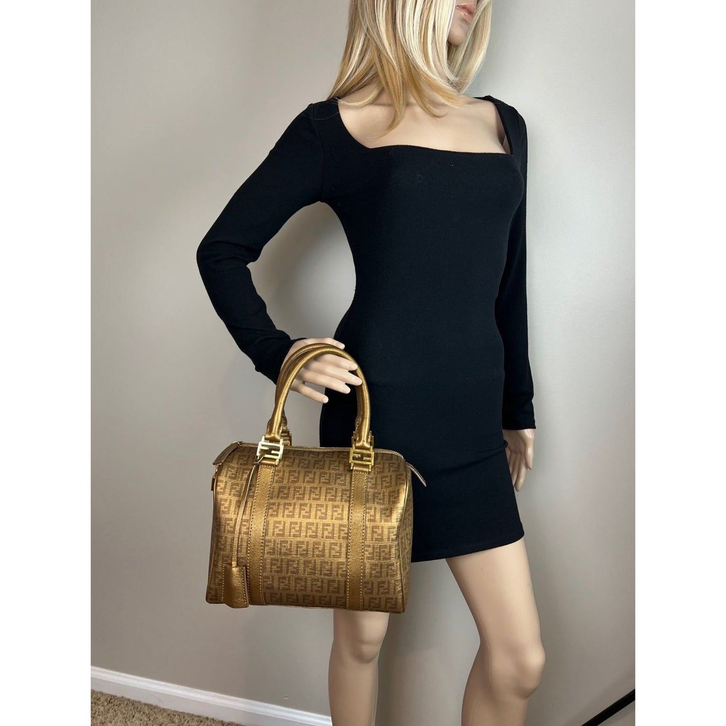 Fendi Boston Gold Coated Canvas Hand Bag