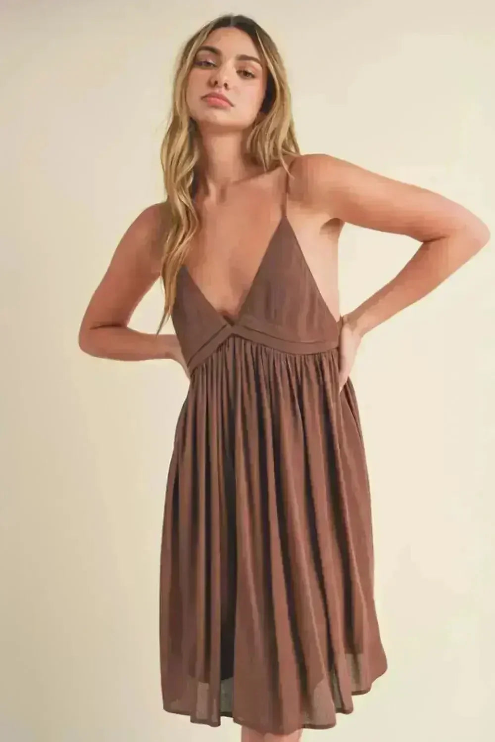 Aemi + Co Ruched Plunge Mini Cami Dress