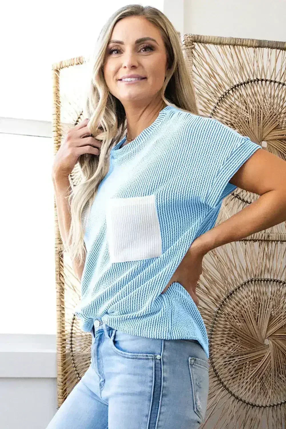 Pink Corded Colorblock Pocket Crew Neck T Shirt