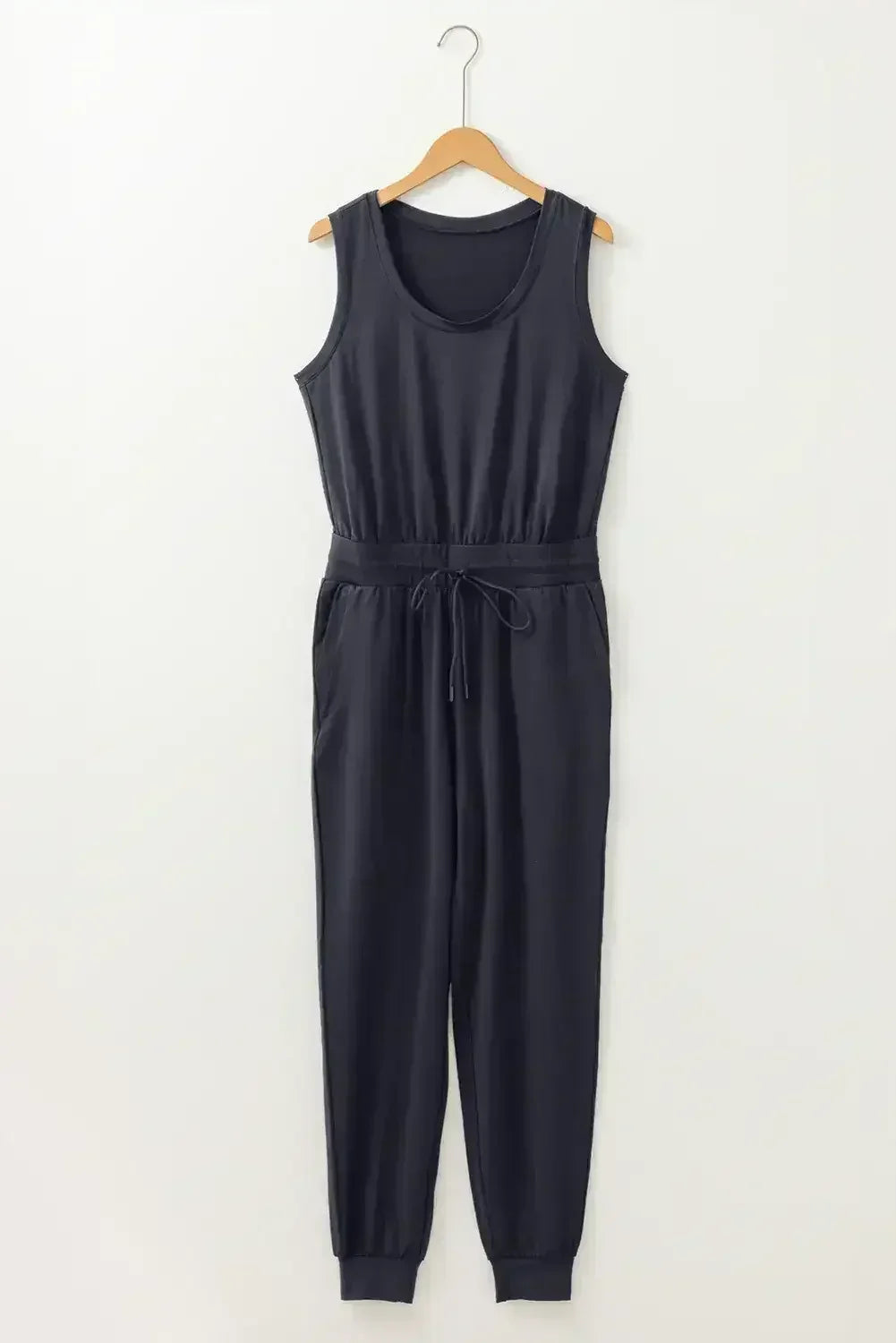 Black Casual Tank Style Tie Waist Pocketed Jogger Jumpsuit