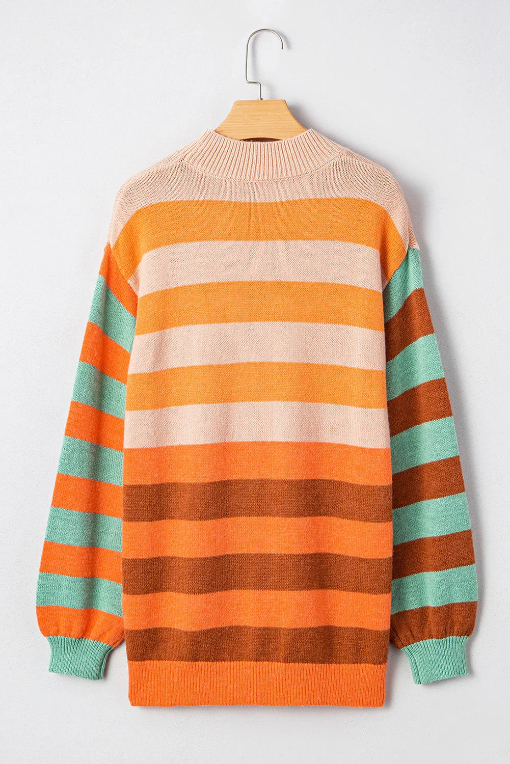 Orange Striped Colorblock High Neck Drop Shoulder Cozy Sweater