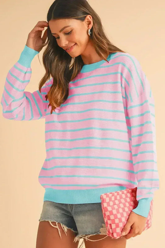 Pink Stripe Round Neck Drop Shoulder Loose Sweater