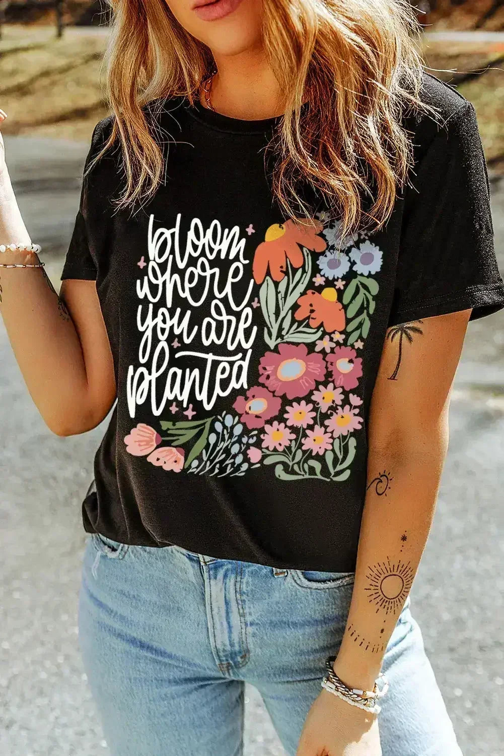 Black bloom where you are planted Floral Printed T Shirt