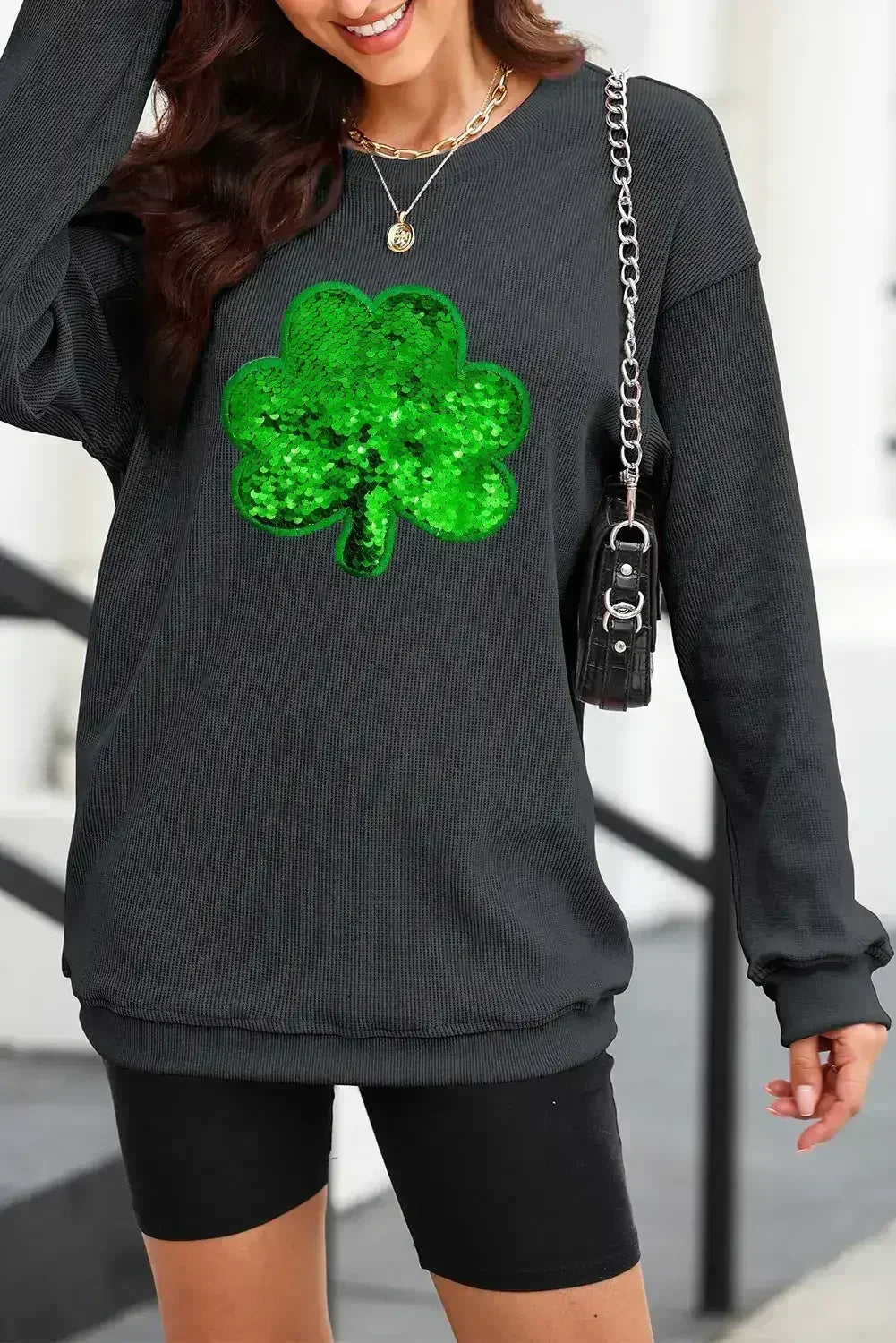 Black Sequin Embroidered Clover Corded Graphic Sweatshirt