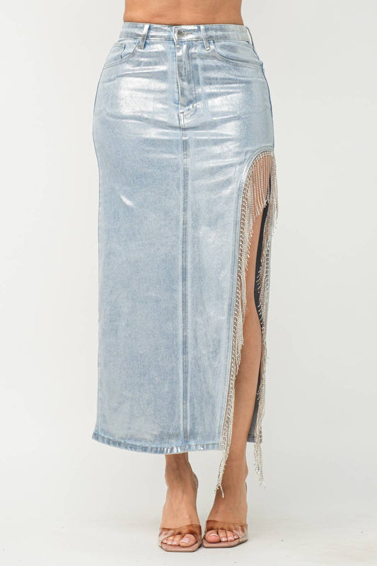 DEMI LUXE Denim Metallic Foil Side Slit Rhinestone Fringe Maxi Skirt