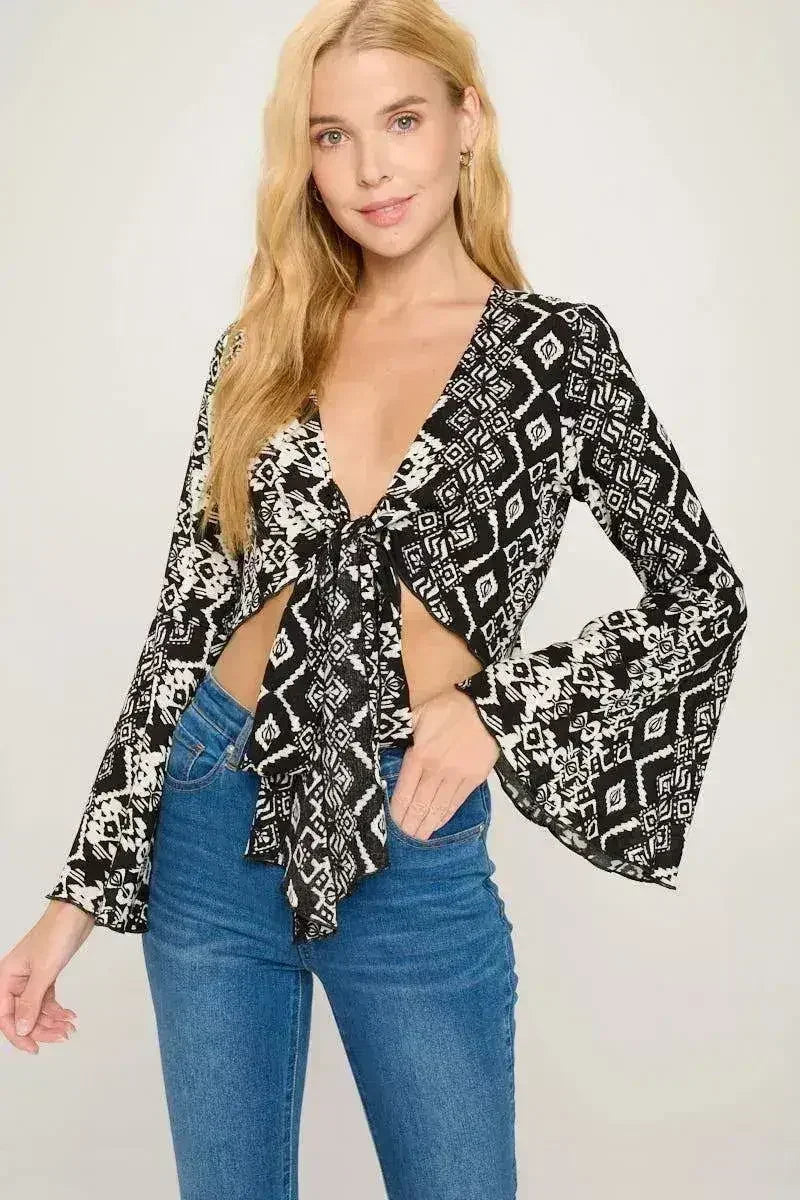 Boho Bell-Sleeve Crop Top | Floral Tie-Front | Sizes S-XL | Femstylo