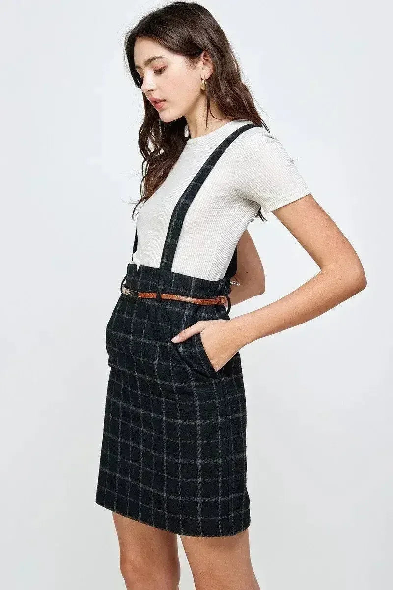 Plaid Suspender Skirt - High Waisted with Belt | Femstylo