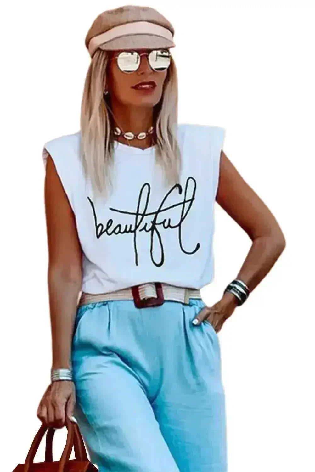 Padded Shoulder Letter Print Tank Top