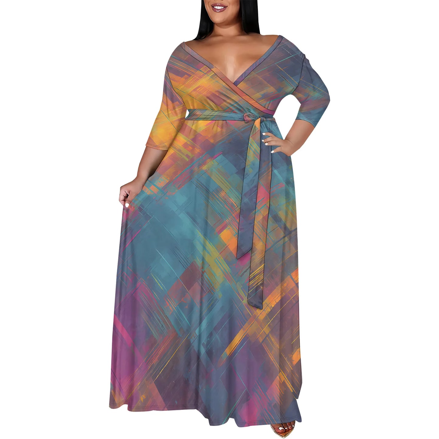 Plus Size Women's 3/4 Sleeve V-Neck Snowflake Print Wrap Maxi Dress Winter Elegant Party Dress