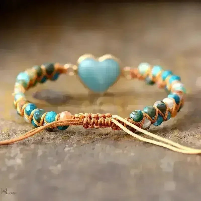 Amazonite Bracelet – Sky Blue Macrame | Adjustable Heart Charm
