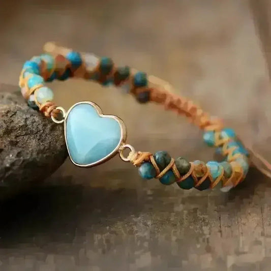 Amazonite Bracelet – Sky Blue Macrame | Adjustable Heart Charm