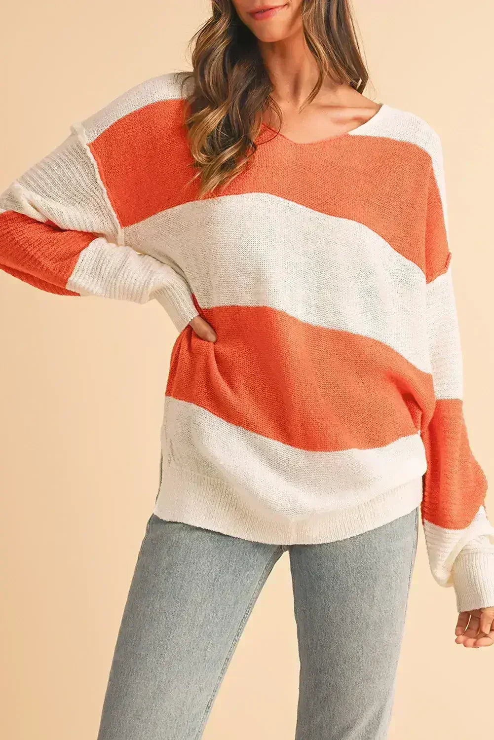 Orange Colorblock V Neck Side Slits Sweater
