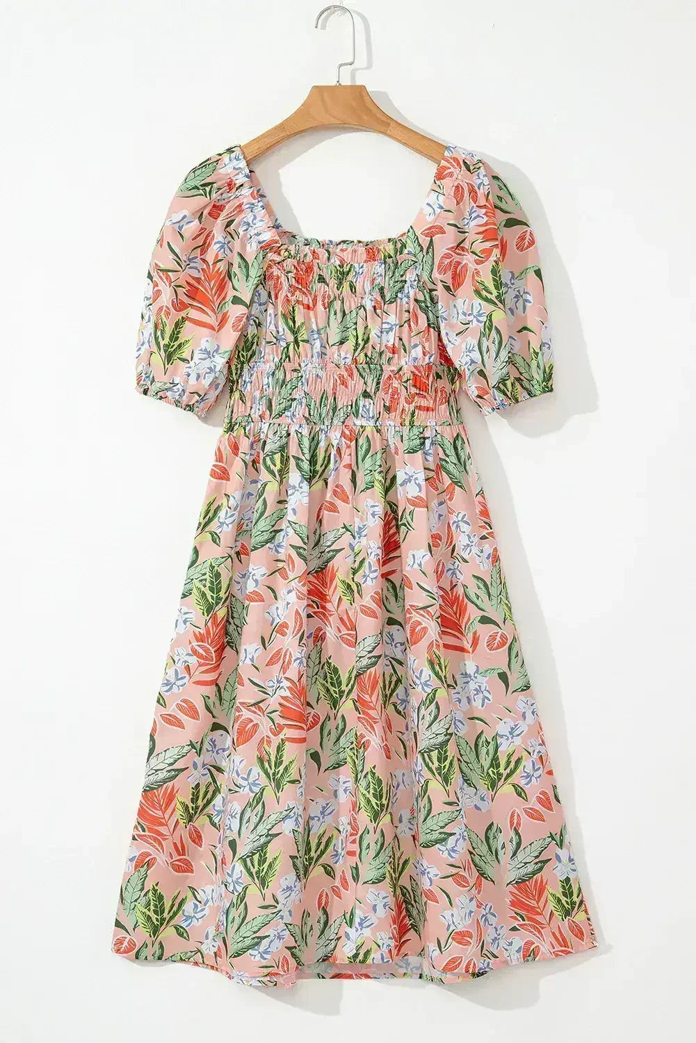 Apricot Pink Floral Knot Front Smocked Bubble Sleeve Dress