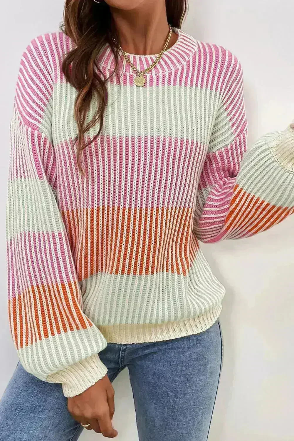 Pink Colorblock Knit Bubble Sleeve Sweater – Femstylo