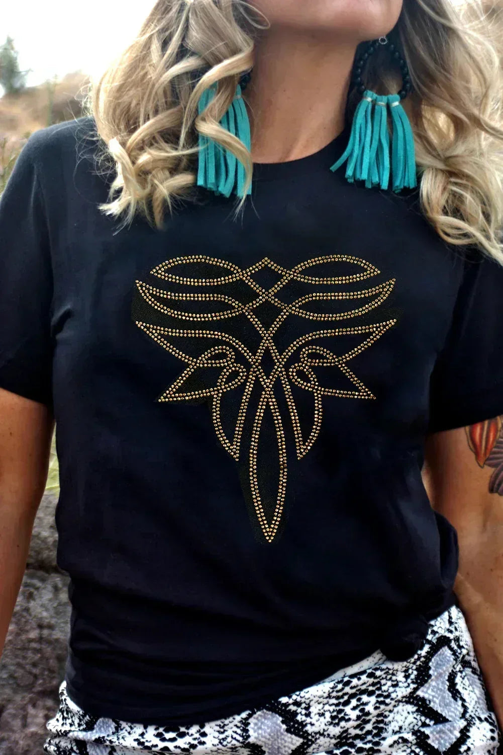 Black Rhinestone Boot Stitch Pattern Printed Cotton Blend Tee