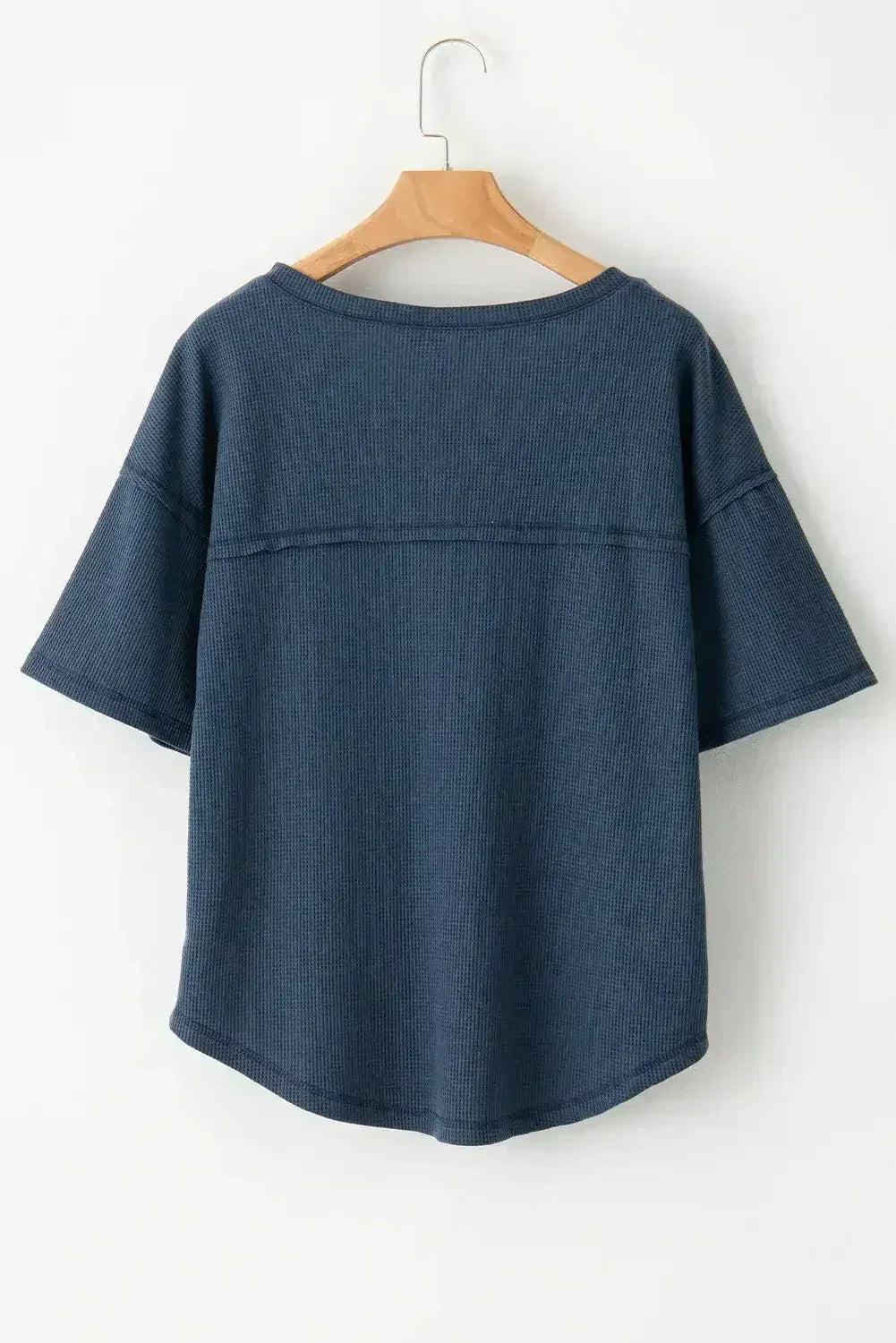 Blue Exposed Seam Drop Sleeve V Neck Waffle Textured Top