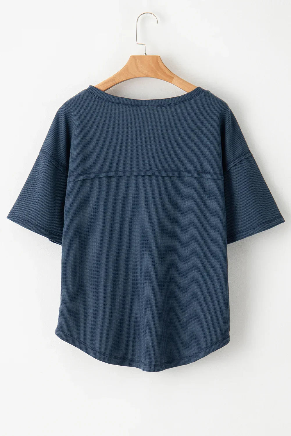 Blue Exposed Seam Drop Sleeve V Neck Waffle Textured Top
