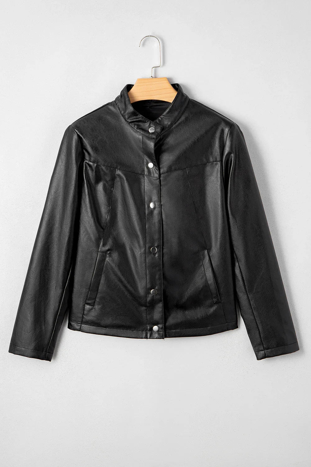 Black Faux Leather Boxy Jacket | PU Button Front Coat - Femstylo
