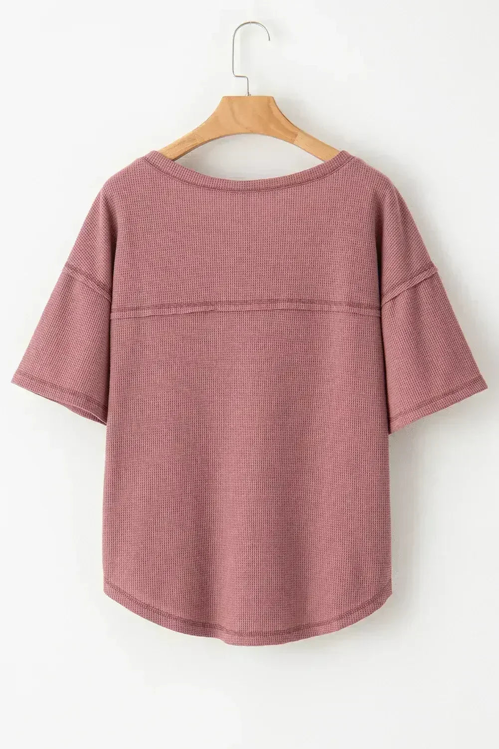 Blue Exposed Seam Drop Sleeve V Neck Waffle Textured Top