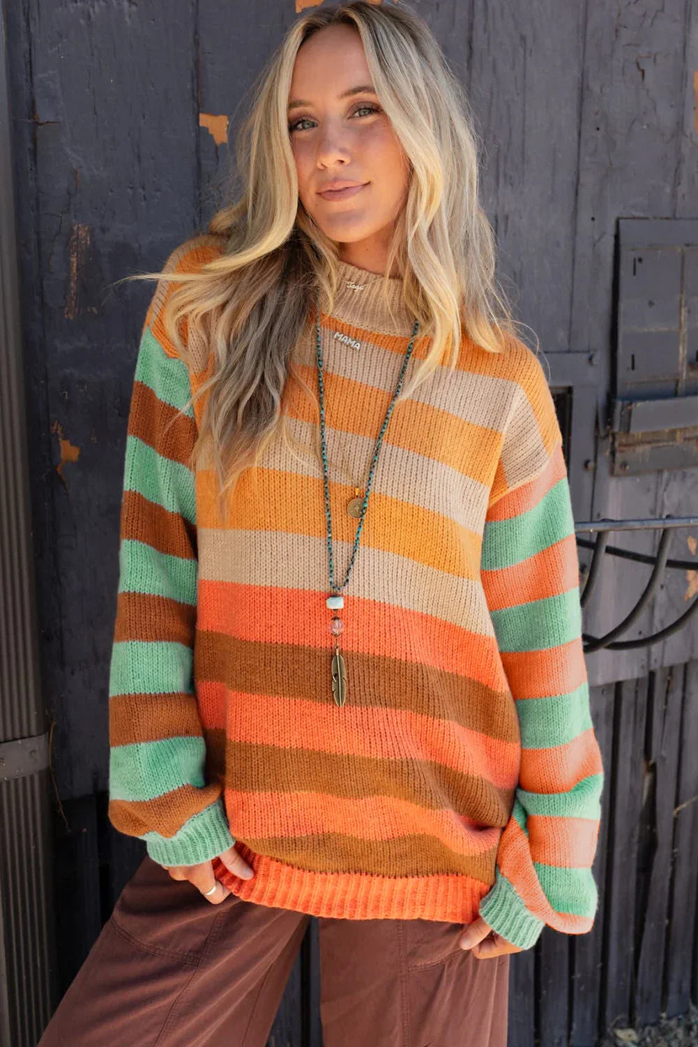 Orange Striped Colorblock High Neck Drop Shoulder Cozy Sweater