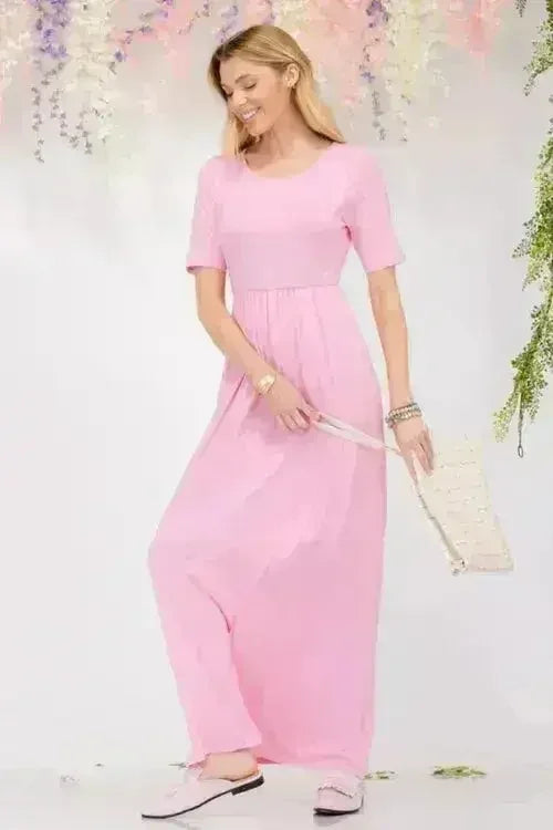 Plus Size Maxi Dress with Pockets Short Sleeve - Femstylo