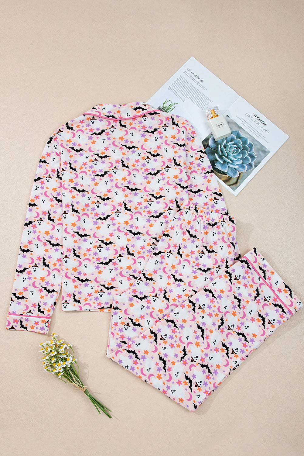 Pink Cute Floral Halloween Ghost Print Long Pajama Set