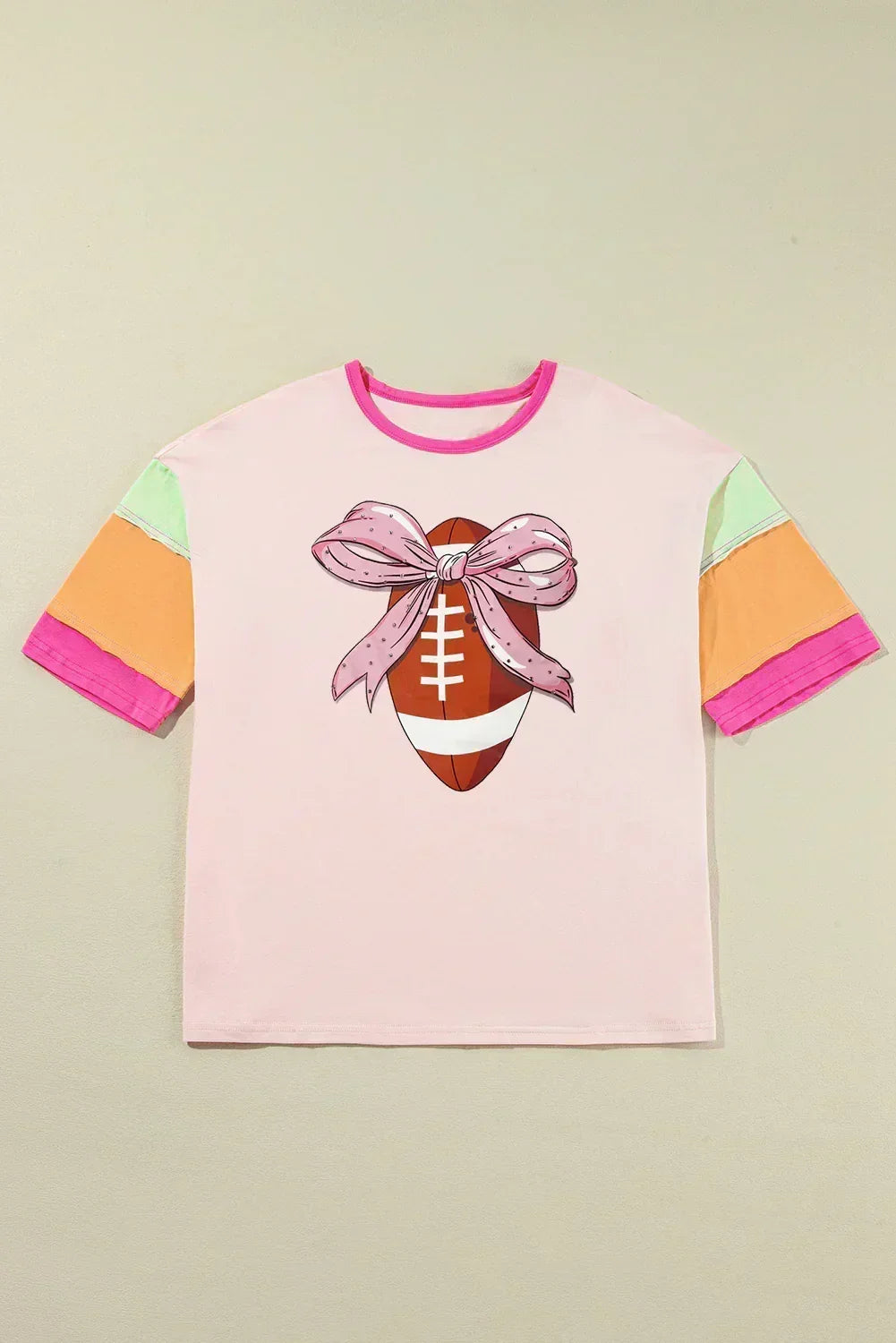 Pink Colorblock Sleeve Rhinestone Bow Football Print T Shirt