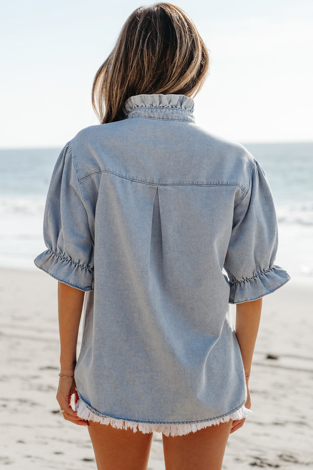 Aya Ruffle Short Puff Sleeve Summer Chambray Top