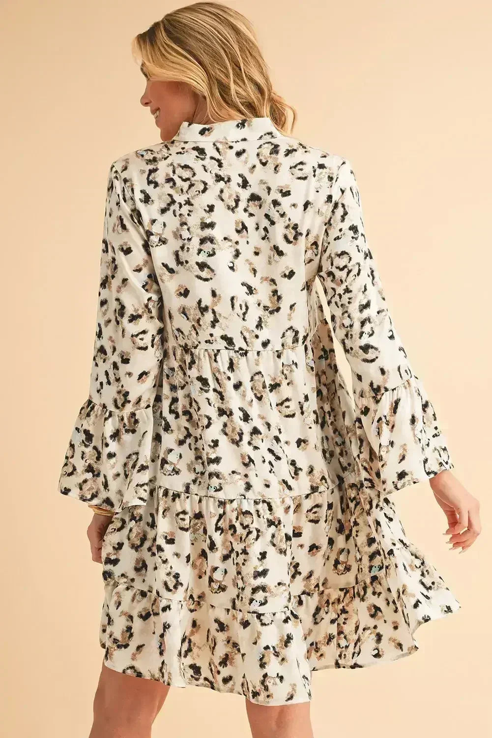 Black Leopard Button V Neck Flowy Mini Dress