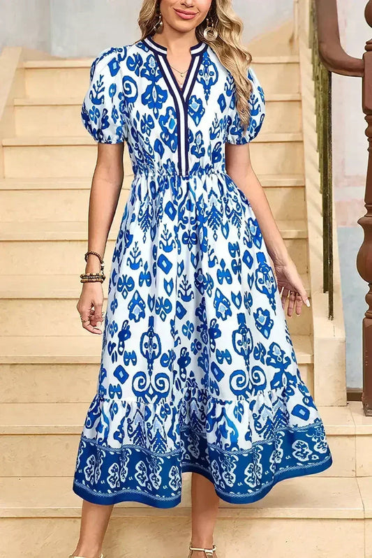 Blue Floral Ruffle Hem Pop of Color Neckline Dress