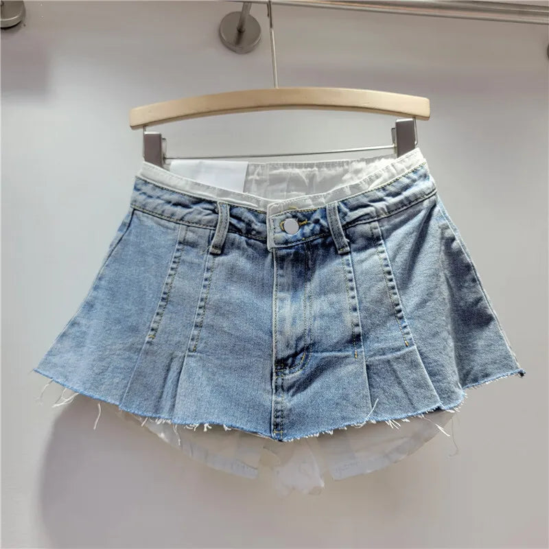 WTHT New Fashion Women's Irregular Fake Two-piece A-line Mini Denim Skirts 2024 Autumn Trendy High Waist Skirt Female 1LS099