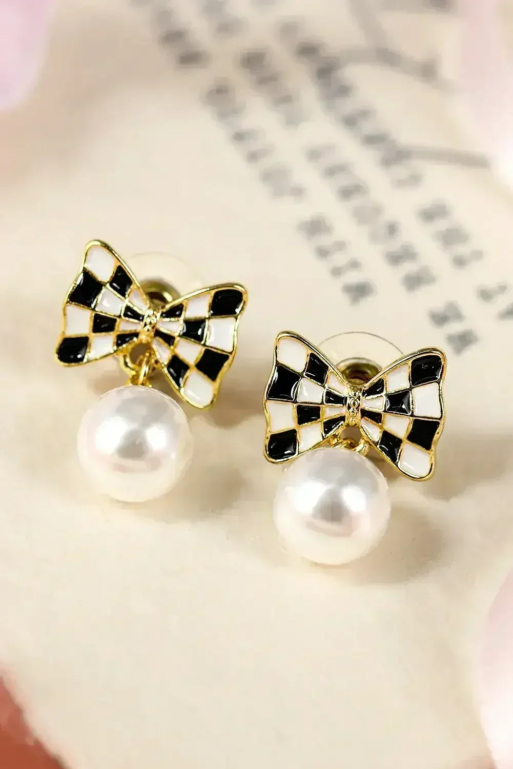 Black Checkered Bow Earrings | Pearl Drop Dangle Earrings - Femstylo