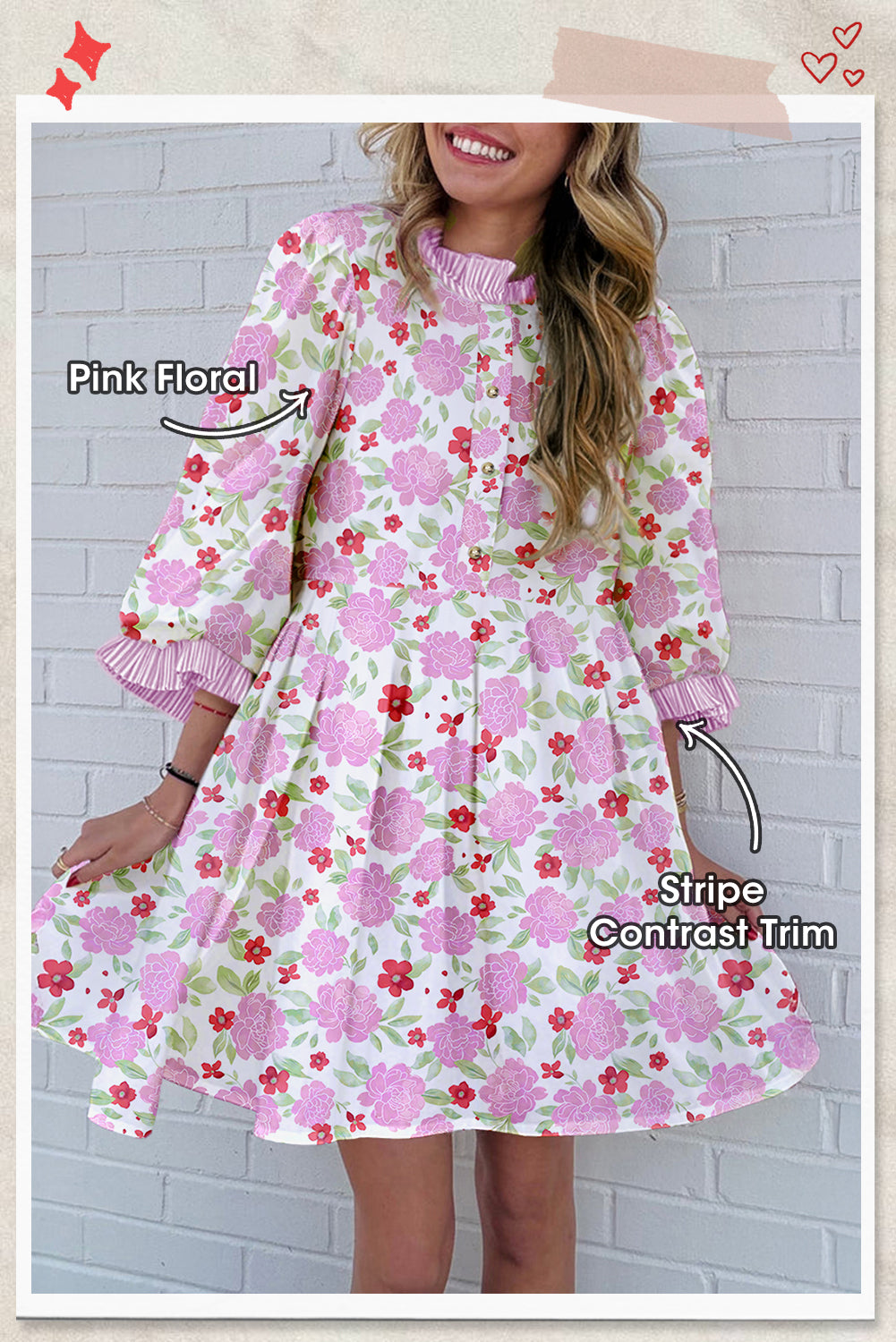 Pink Floral Print Striped Trim Flowy Mini Dress For Summer