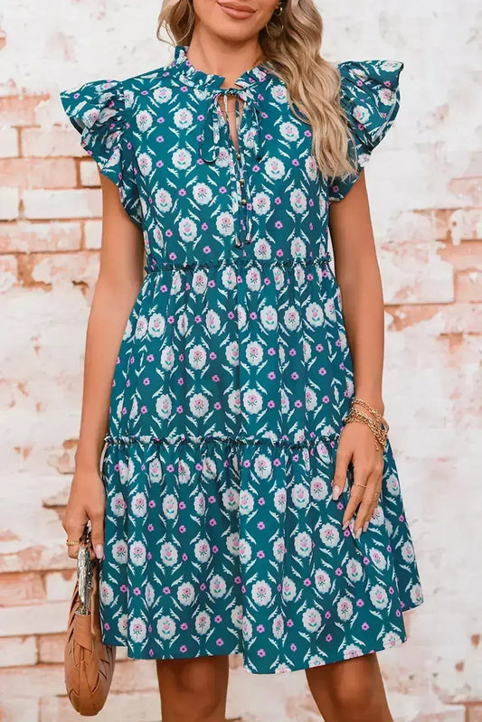 Blue Retro Floral Print Split Neck Ruffle Short Sleeve Dress