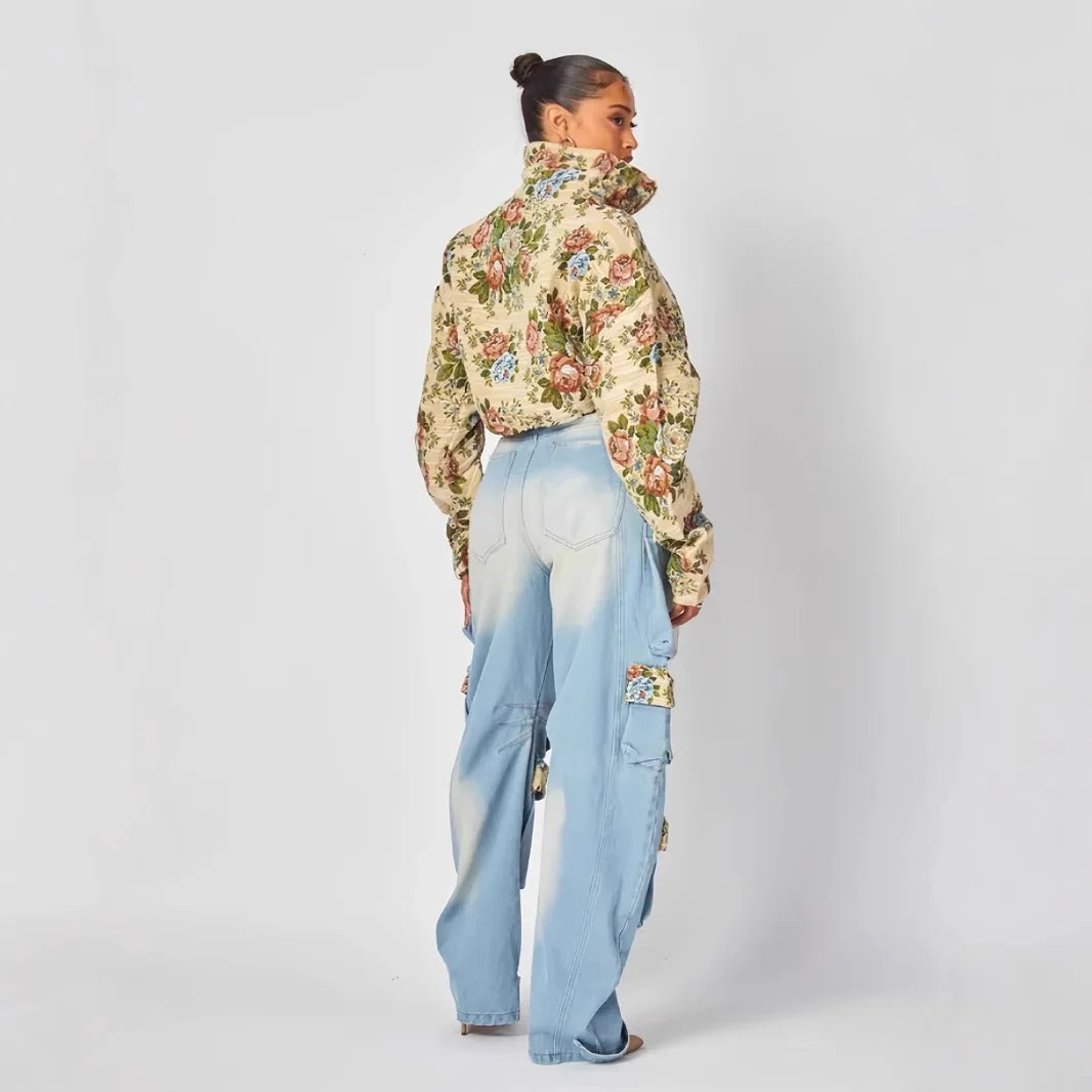 Women Tracksuit Pant Sets Zipper Cardigan Tops Print Zipper Fly Straight Ankle Length Denim Pants Jean Loose Matching Sets Y2k