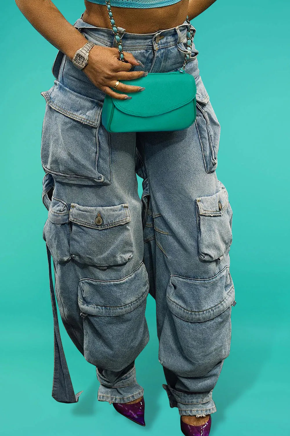 Jean cargo taille haute bleu clair grande taille pour le printemps et l'été, pantalon ample décontracté en denim Harajuku 