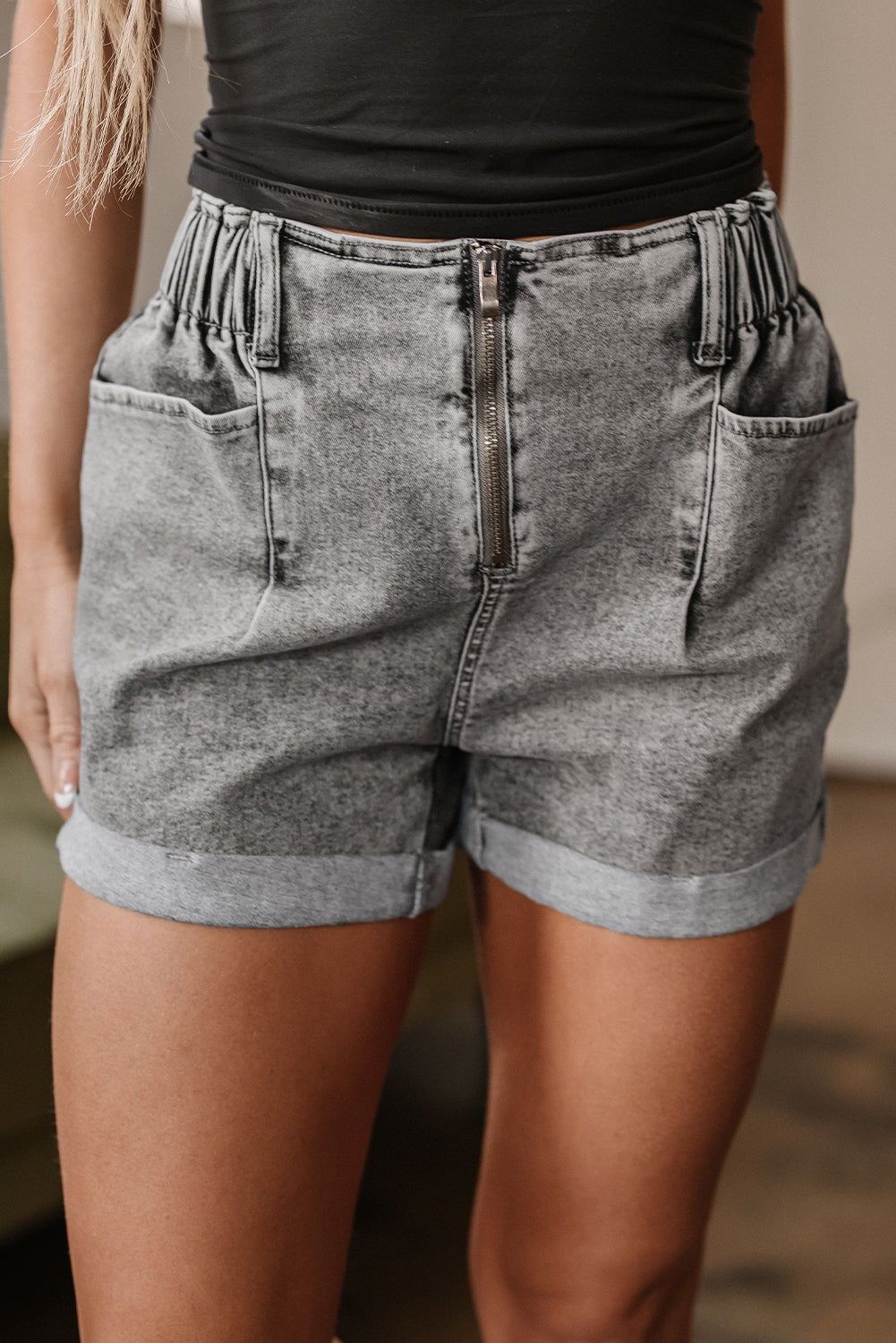 Blaire Zipped Light Wash Cuffed Edge Denim Shorts