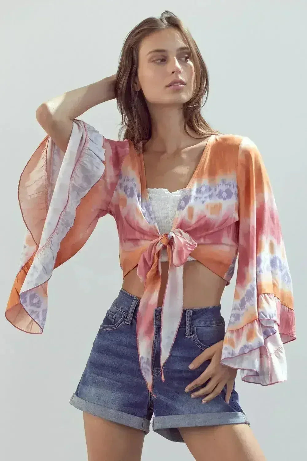 Bell-Sleeve Tie-Dye Crop Top – Flowy Sleeves & Stylish Design