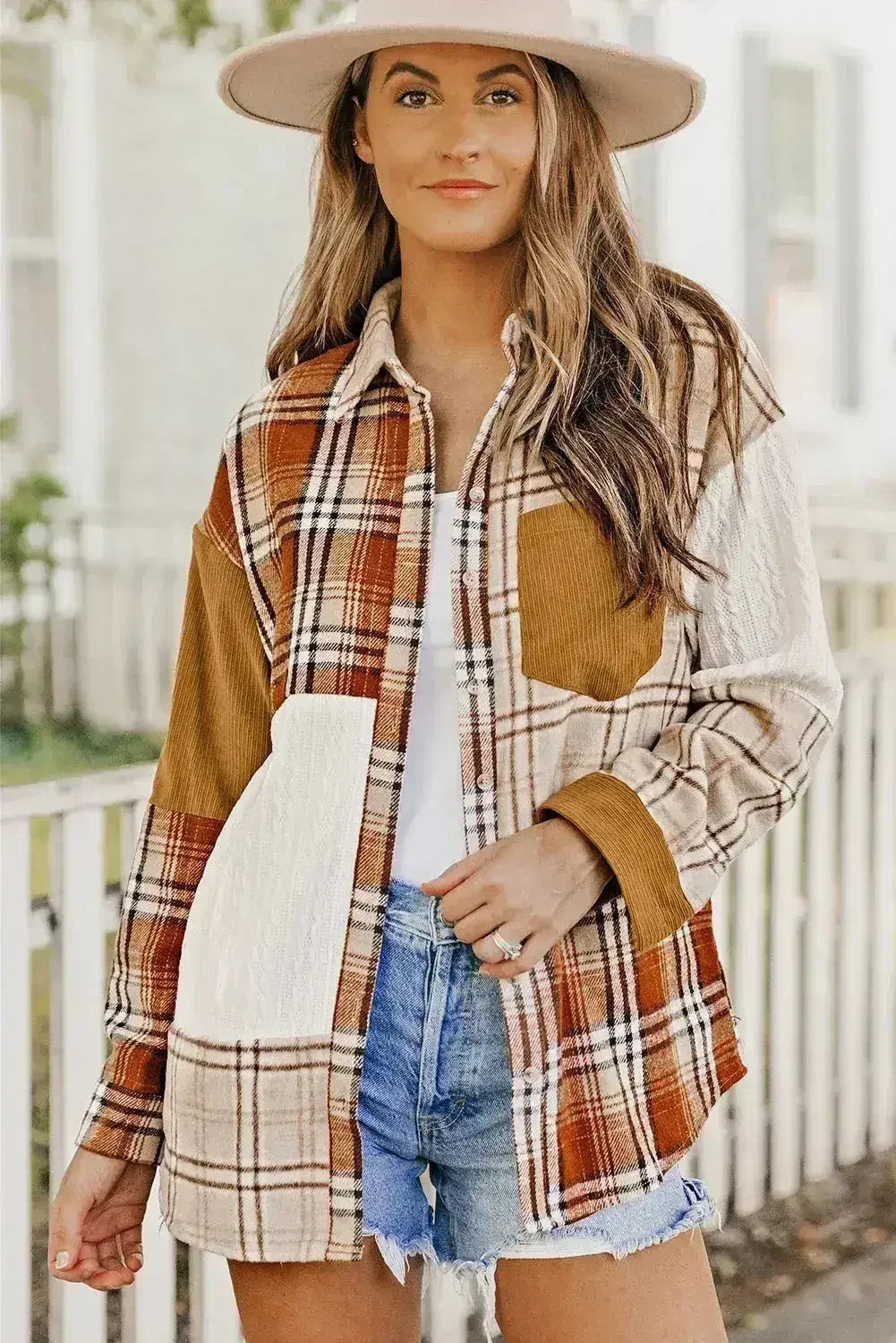 Plaid Color Block Patchwork Shirt Jacket with Pocket
