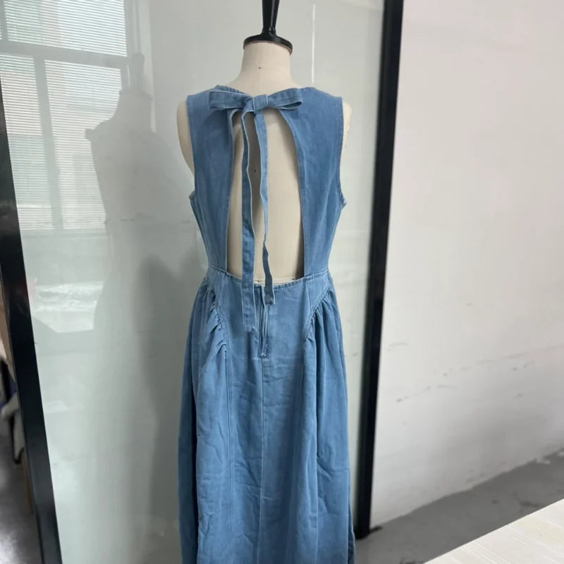 Casual Round Neck Lace Up Backless Denim Dress Sleeveless High Waist Loose Zipper Robe Summer High Street Sexy Solid Clothing