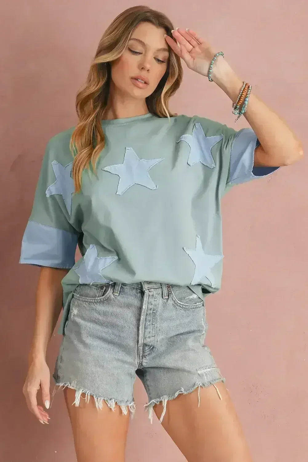 Aruba Blue Frayed Star Patched 4th of July Oversize T Shirt