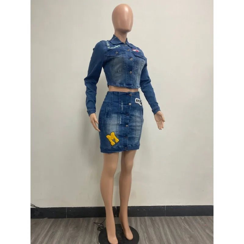 Embroidery Women Denim 2 Piece Set Button Up Jackets High Waist Jeans Skirts Matching Set 2024 Summer Streetwear Club Outfits