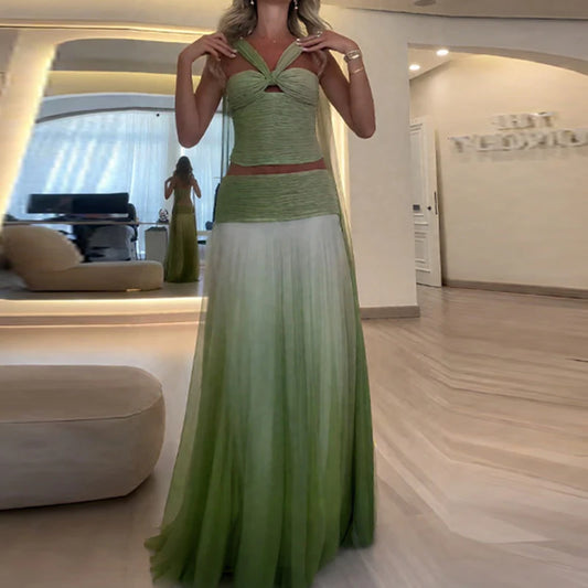 Ensemble deux pièces sexy pour femme, haut bustier et jupe longue, dos nu, plissé, tenue de club, dégradé de vert, ajouré, slim 