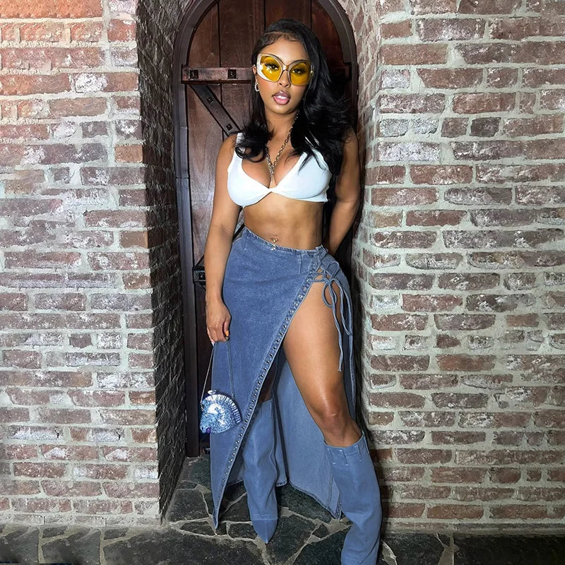 lace up Skirts For Women Elegant High Waisted Denim Skirt For Women Summer Chic Asymmetrical Split Hem Slimming Mid side spit Sk