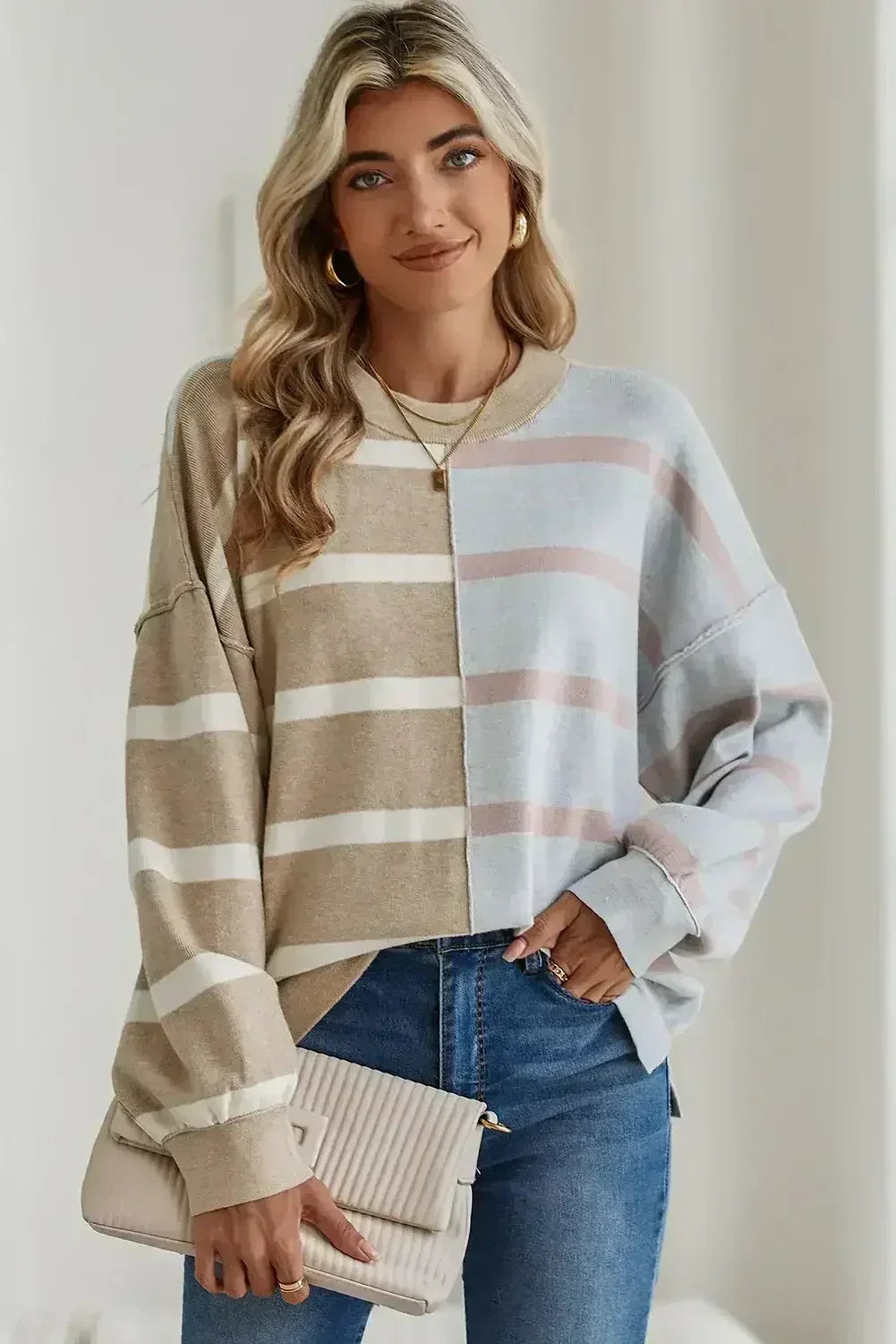 Pink Striped Patchwork Drop Shoulder Sweater