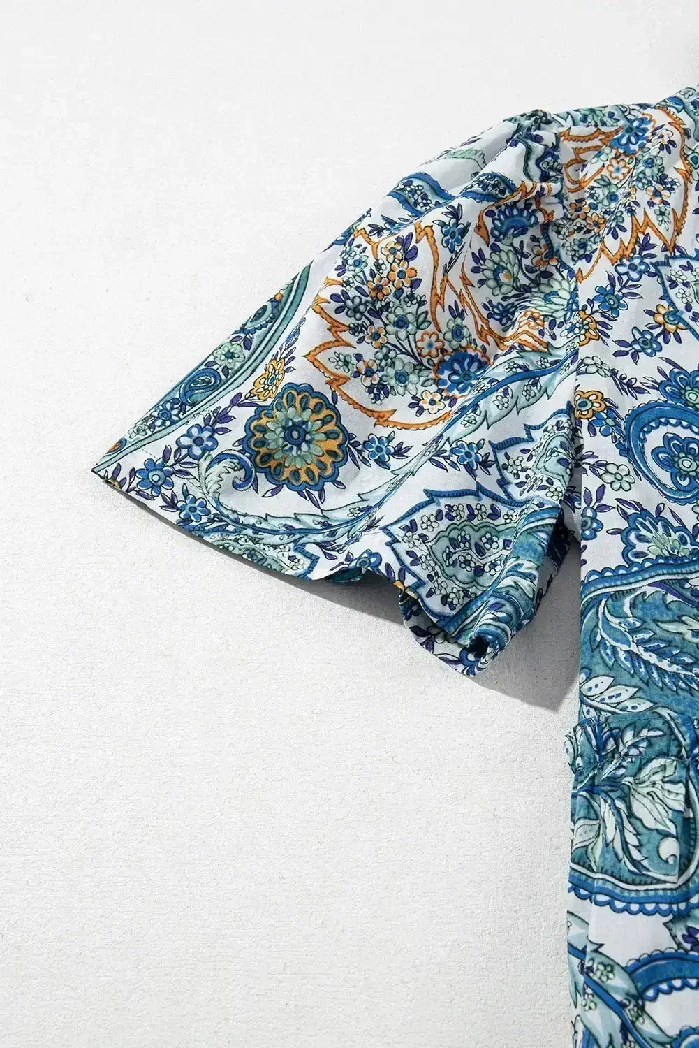 Blue Bohemian Paisley Floral V Neck Puff Sleeve Mini Dress