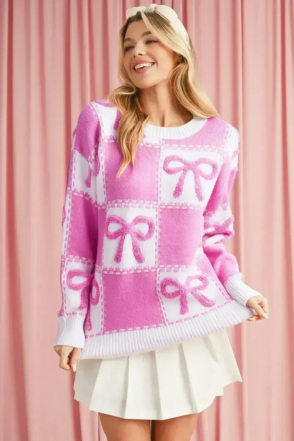 Pink Sweet Bow Two Tone Checkered Sweater