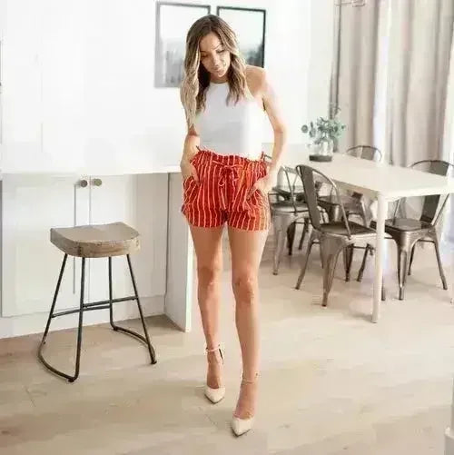 Multi-striped Tie-front High Paperbag Waist Woven Pull-on Shorts